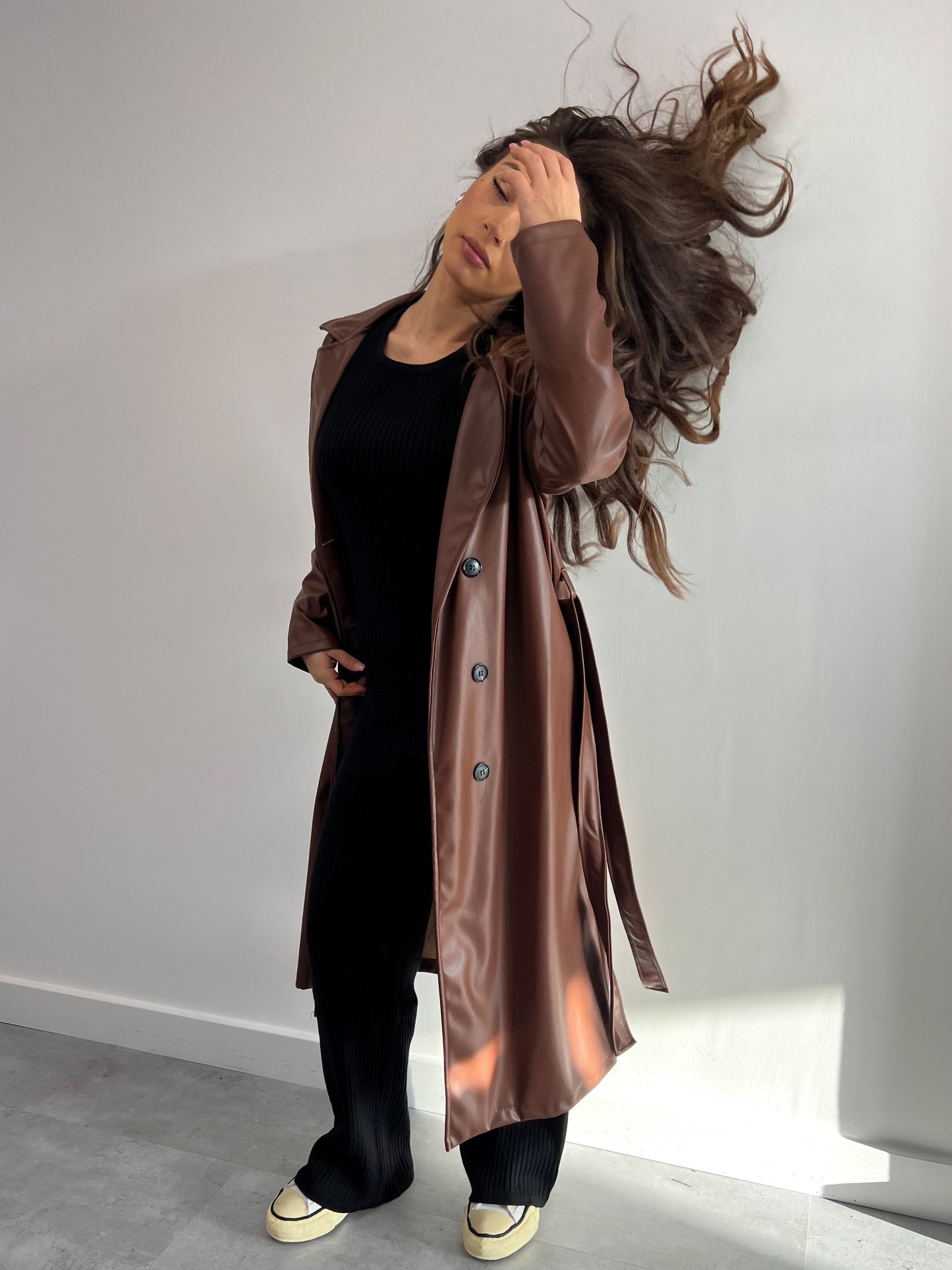 LEATHER LOOK TRENCH BROWN