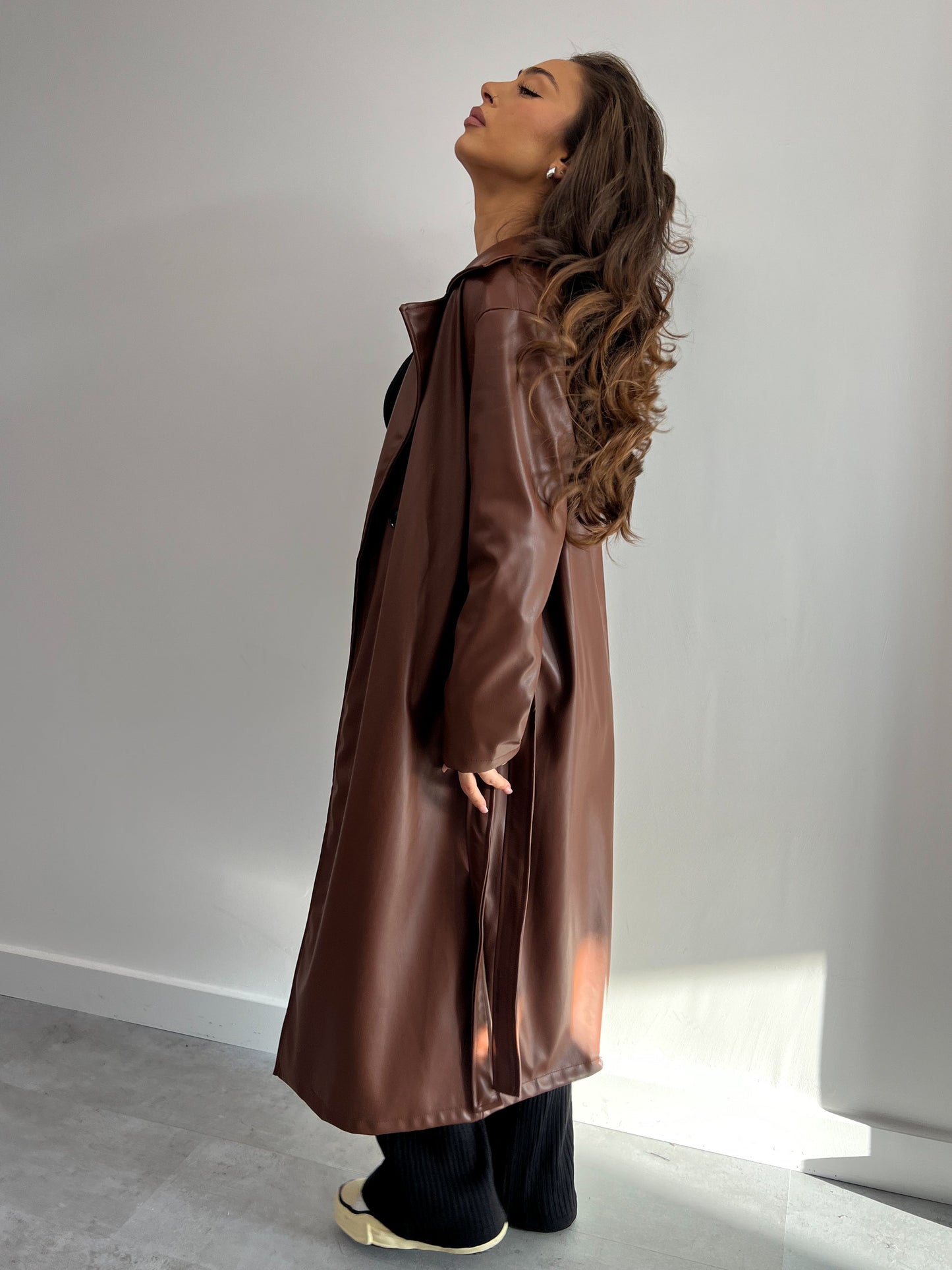 LEATHER LOOK TRENCH BROWN