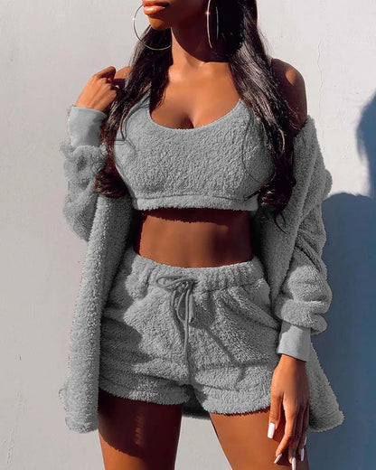 Nieuwe lente fluwelen pyjama's set crop top + shorts + jas 3 stuks pak warme zachte fleece huiskleding pyjama loungekleding S-3XL pyjama nachtkleding vrouwen pyjamas women sexy set warme winterslaapkleding nacht kledin