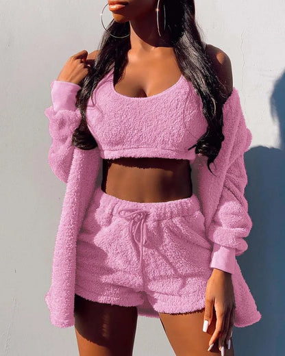 Nieuwe lente fluwelen pyjama's set crop top + shorts + jas 3 stuks pak warme zachte fleece huiskleding pyjama loungekleding S-3XL pyjama nachtkleding vrouwen pyjamas women sexy set warme winterslaapkleding nacht kledin