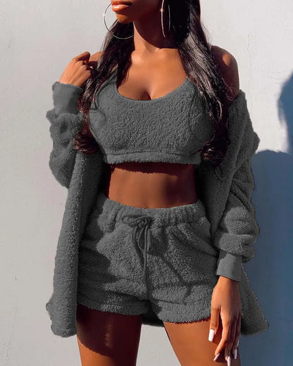 Nieuwe lente fluwelen pyjama's set crop top + shorts + jas 3 stuks pak warme zachte fleece huiskleding pyjama loungekleding S-3XL pyjama nachtkleding vrouwen pyjamas women sexy set warme winterslaapkleding nacht kledin